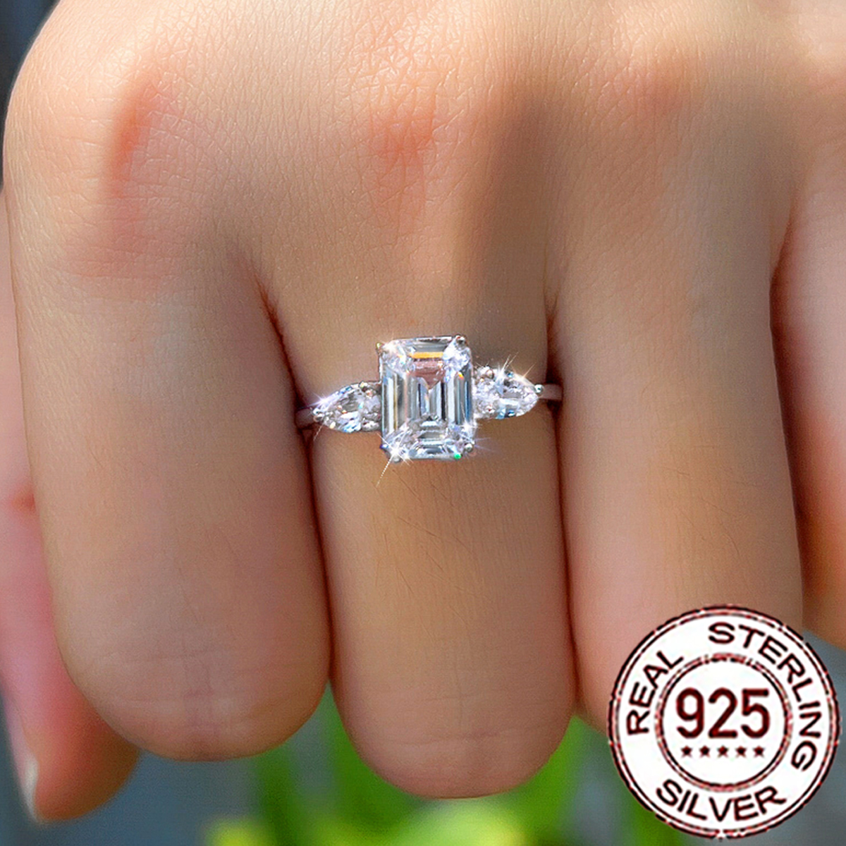 QooLady S925 Sterling Silver Lusso Lucido Zircone Cubico Rettangolo e Goccia D'acqua Anelli per Le Donne Fede di Nozze Gioielli Regalo SR077