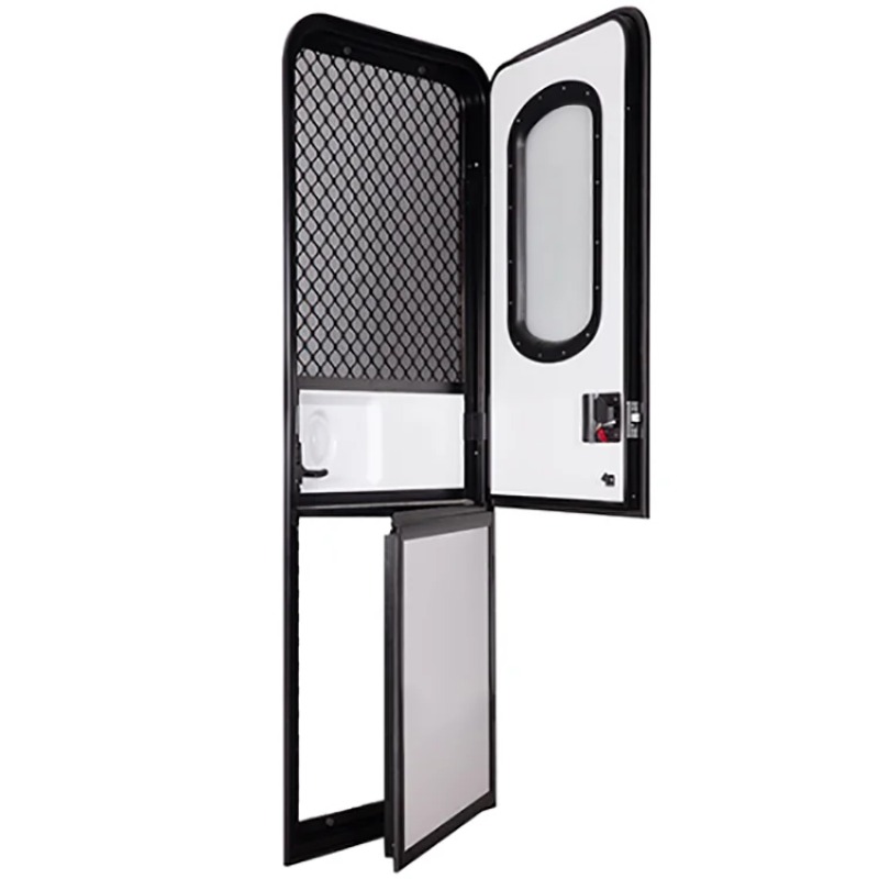 Accesorios para vehículos recreativos de venta de fábrica para puerta de camper estilo americano con marco de puerta negra y puerta de vehículos recreativos con panel blanco