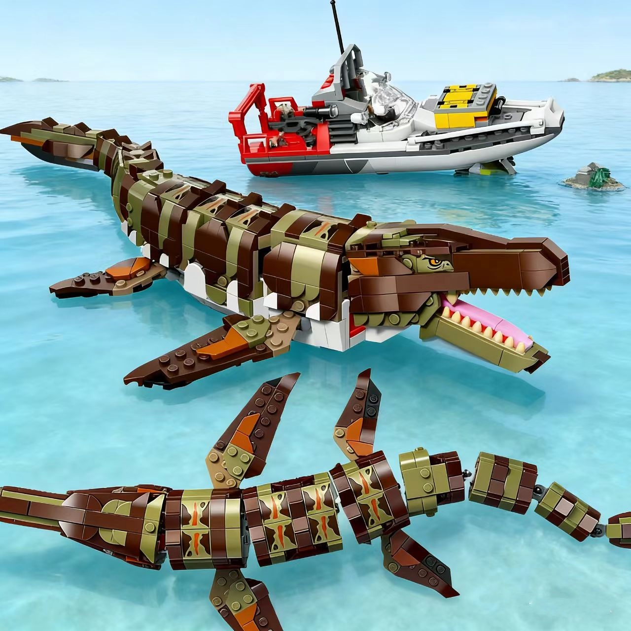 Weltpark Dinosaurier Serie Bausteine Meer Mosasaurus Boot Angriff Kinder Montage Spielzeug