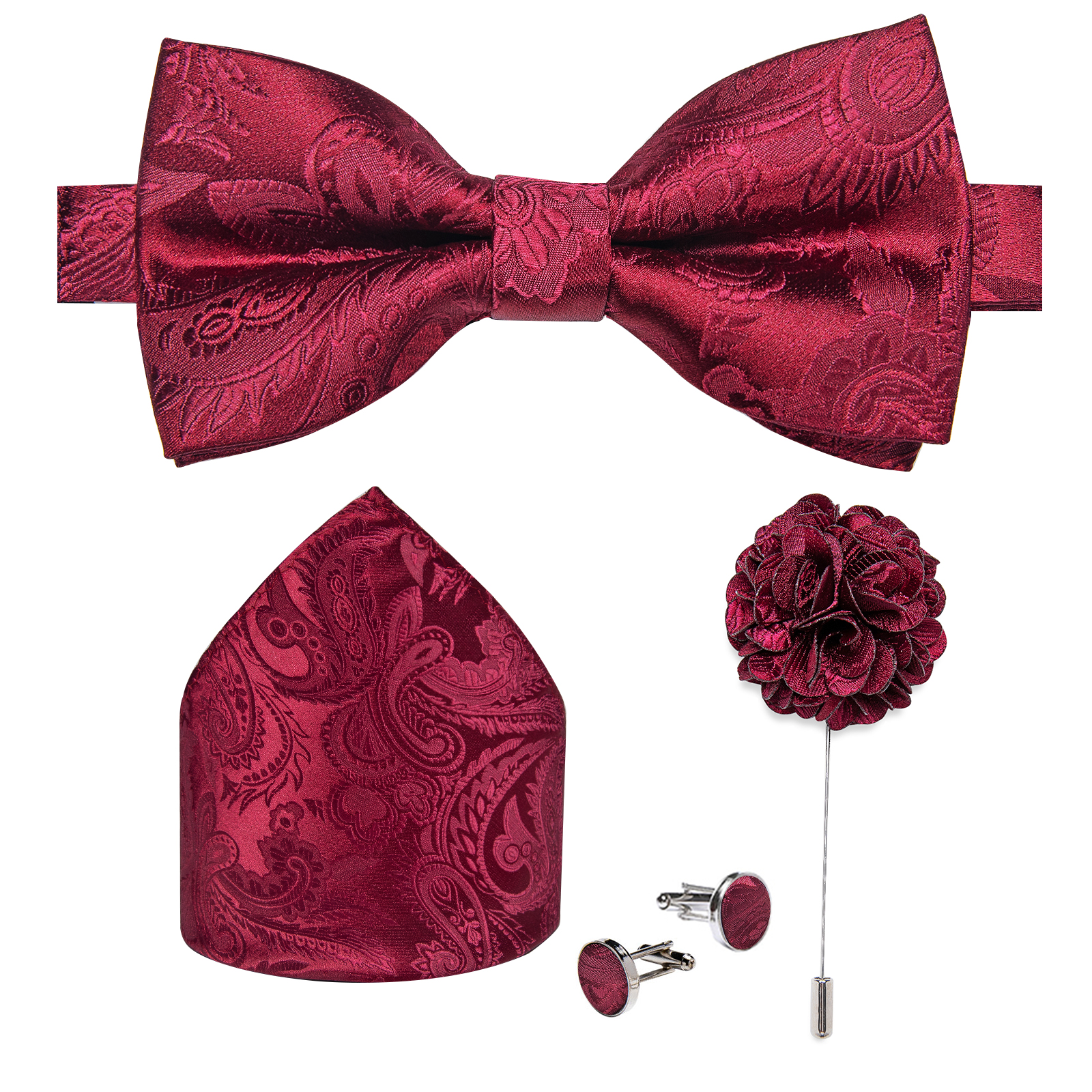 Gravata borboleta de casamento para homens, clássico, vermelho, pré-amarrado, abotoaduras, conjunto de corpete para festa, seda, nó de borboleta, presente, acessórios masculinos