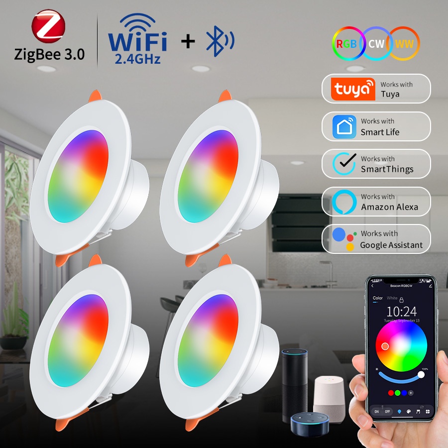 Умный потолочный светодиодный светильник ZigBee, встраиваемый RGB светильник с Wi-Fi, Bluetooth, с голосовым управлением, Alexa Google Home15W