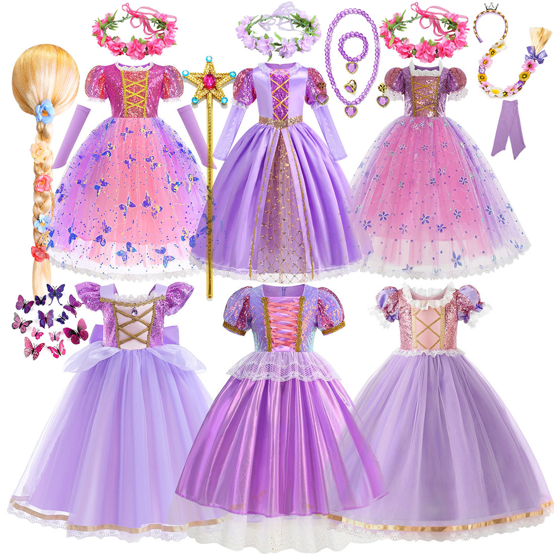 Disney Rapunzel Short Sleeve Purple Puffy Dress + Accessories Girls Cosplay Rapunzel Summer Casual Dress Birthday Party Gift