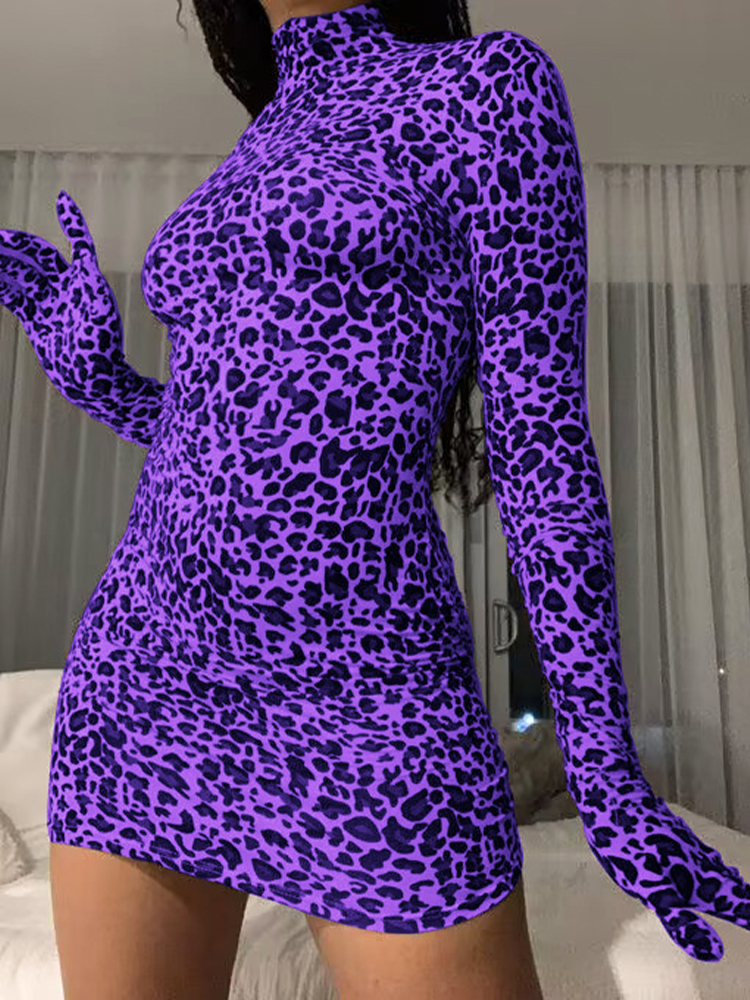 OMSJ-vestido de Navidad para mujer, minivestido ajustado de manga larga con estampado de leopardo y guante, ajustado, cuello alto, ropa de fiesta Vintage, otoño 2025