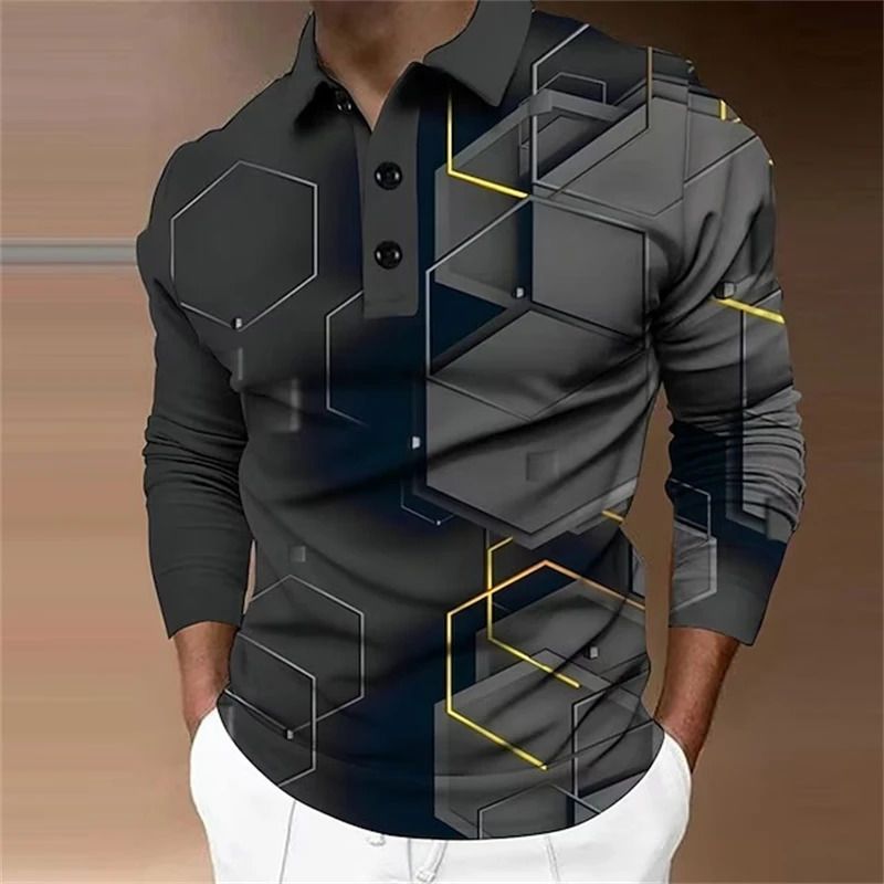 Męska koszulka golfowa z nadrukiem 3D, geometryczny sześciokątny wzór, długi rękaw, polo, biznesowa, codzienna, formalna, kołnierzyk zapinany na guziki, jesień-zima