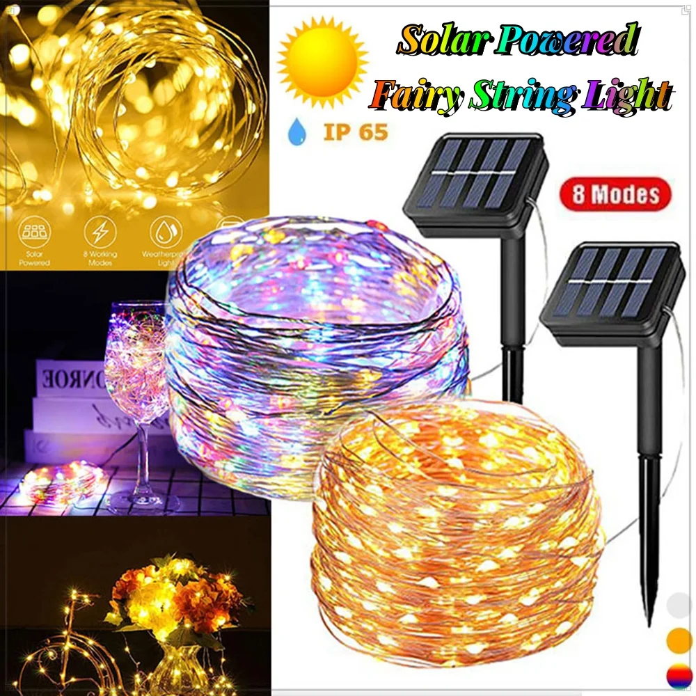 Guirlande solaire d'extérieur à 300led, fil de cuivre étanche, 8 Modes, adaptée à la décoration de fête de mariage et de noël