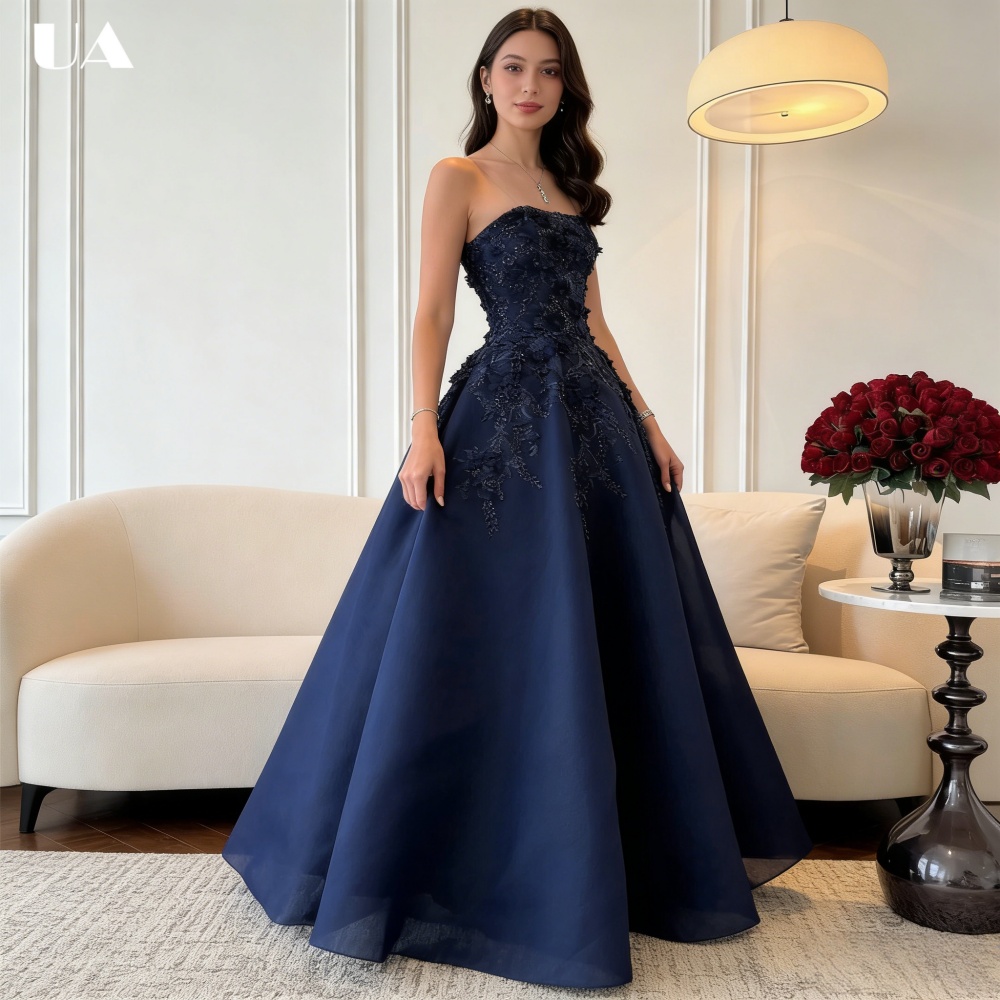 ULBYANRY Maßgeschneidertes A-Linien Trägerloses Abendkleid mit 3D-Blumen, Elegantes Ärmelloses Abendkleid für Damen, Trendiges Partykleid