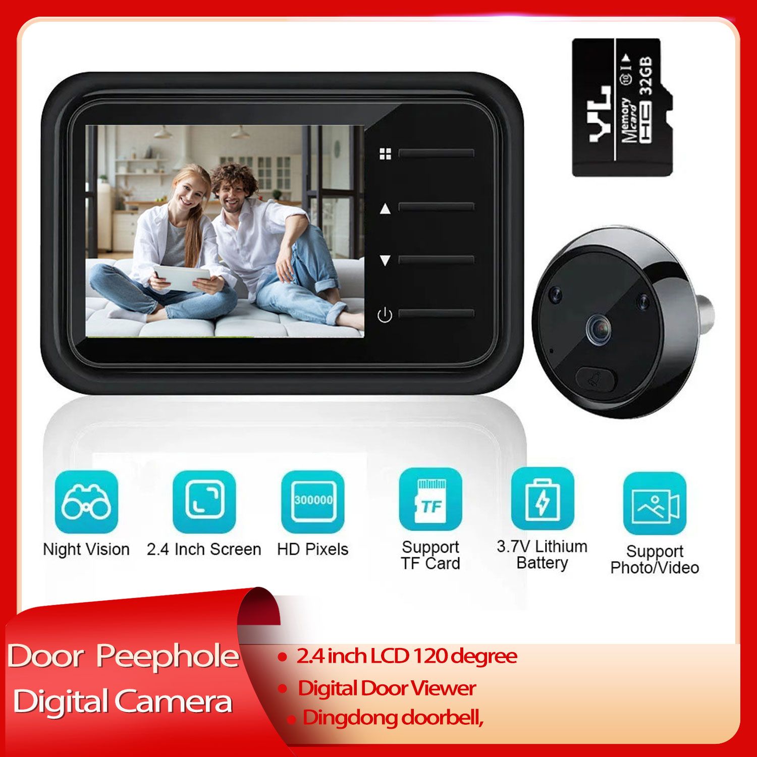 Câmera olho mágico para porta LCD de 2,4 polegadas, vídeo-olho, visor eletrônico de porta, campainha, monitor de visão noturna ao ar livre