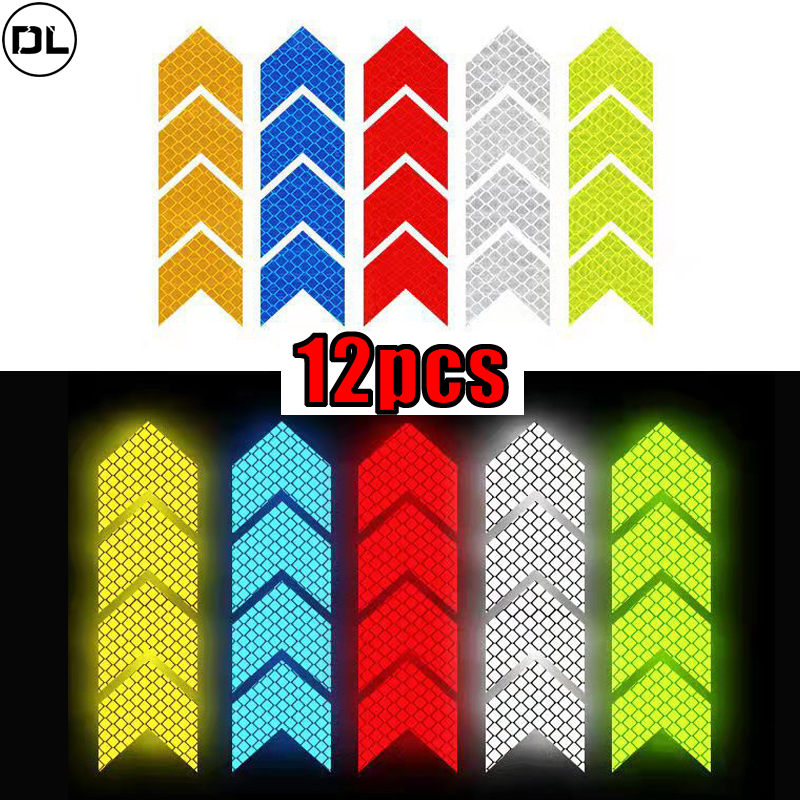 Cinta reflectante para señal de flecha, pegatina de seguridad de advertencia para parachoques de coche, Reflector de maletero, cinta de peligro, accesorios de motocicleta, 12 unids/set