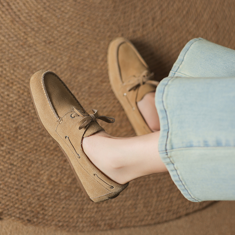 SmallHut 2026 Nieuwe Trend Koe Suède Dames Flats Mode Dames Ronde Neus Veterschoenen Platte Schoenen Abrikoos Karamel Donkerbruin Lichtbruin