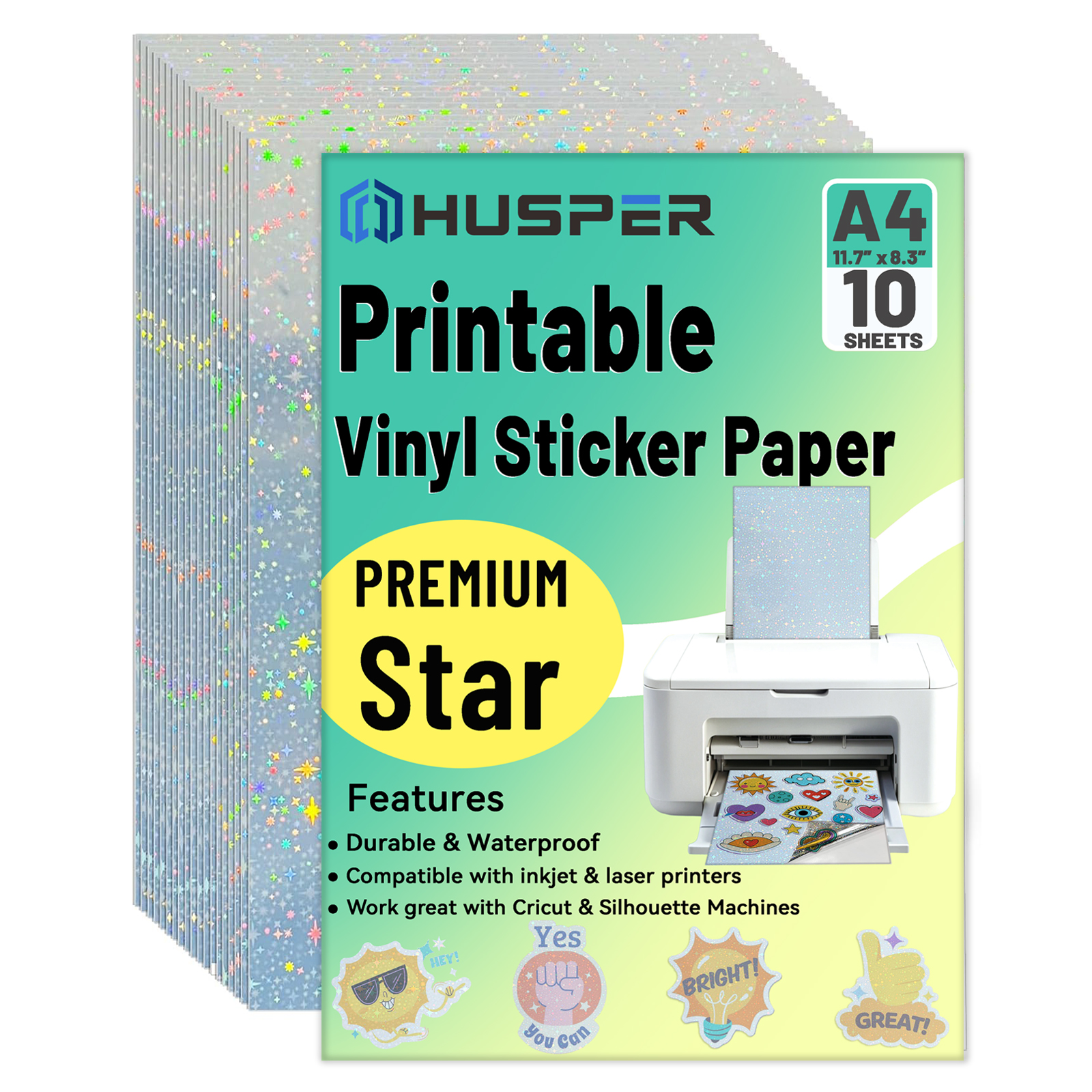 10 hojas de papel adhesivo de vinilo de estrella imprimible tamaño A4 para impresora de inyección de tinta, seca rápidamente colores vívidos, 8,3 "x 11,7" resistente a desgarros