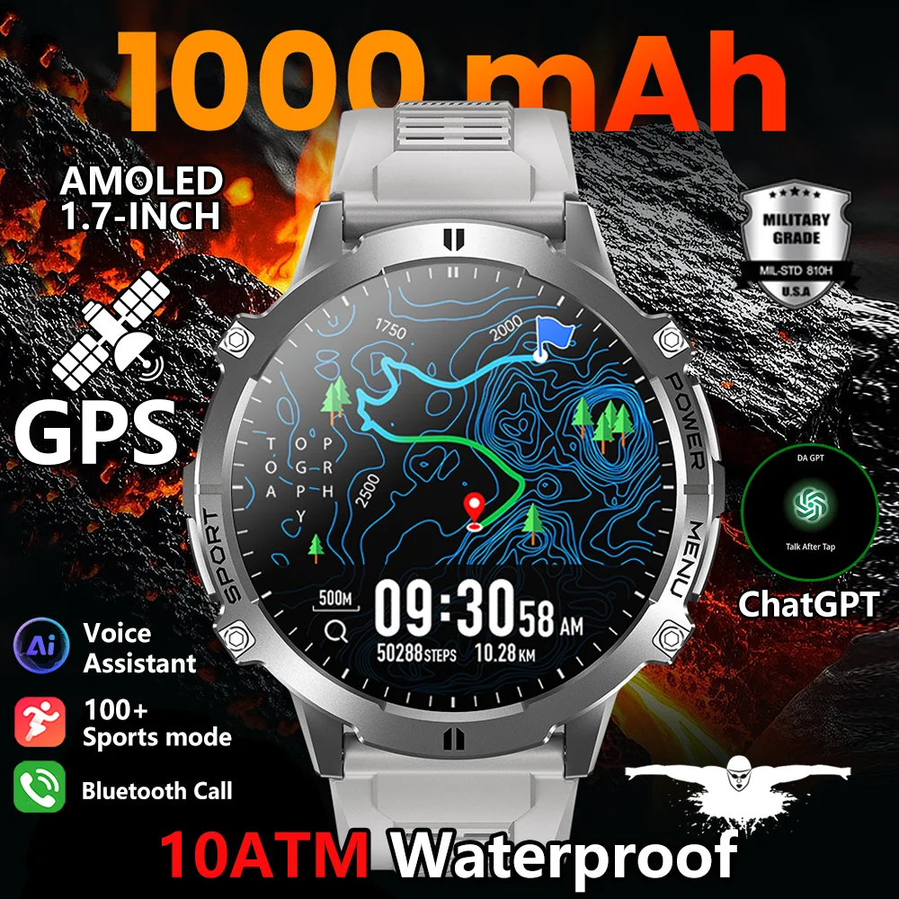 2026 Tanque militar X3 reloj inteligente hombres 1,73 "pantalla AMOLED 5ATM impermeable 1000mAh batería GPS deportes Fitness Track relojes inteligentes