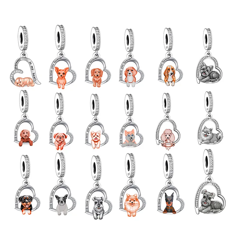 Fc jóias caber charme original pulseira 925 prata doce filhote de cachorro yorkshire schnauzer pomerania cão grânulo para fazer feminino berloque
