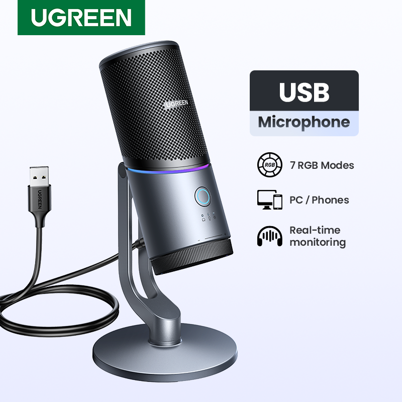Mikrofon USB Mic, Mic kondenser profesional dengan mode RGB untuk PC Mac Gaming rekaman Karaoke Streaming Podcasting