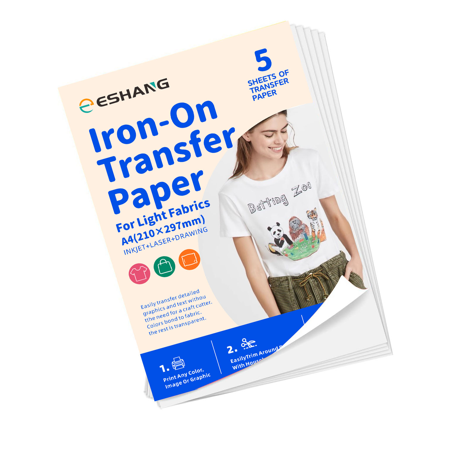 5 hojas de papel de transferencia de calor A4 para camisetas, vinilo de transferencia de calor imprimible para impresora de inyección de tinta para telas blancas y ligeras