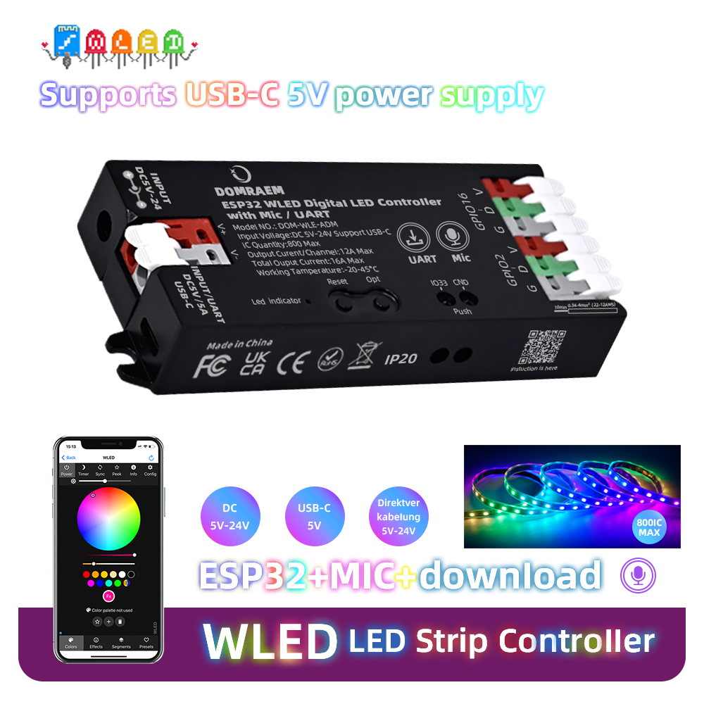 DOMRAEM WLED Digital Music LED Controller mit Mikrofon und Relais -ESP32 2CH 16A für WS281X/SK6812 (800ICS). Typ-C & UART. Alexa/HA.