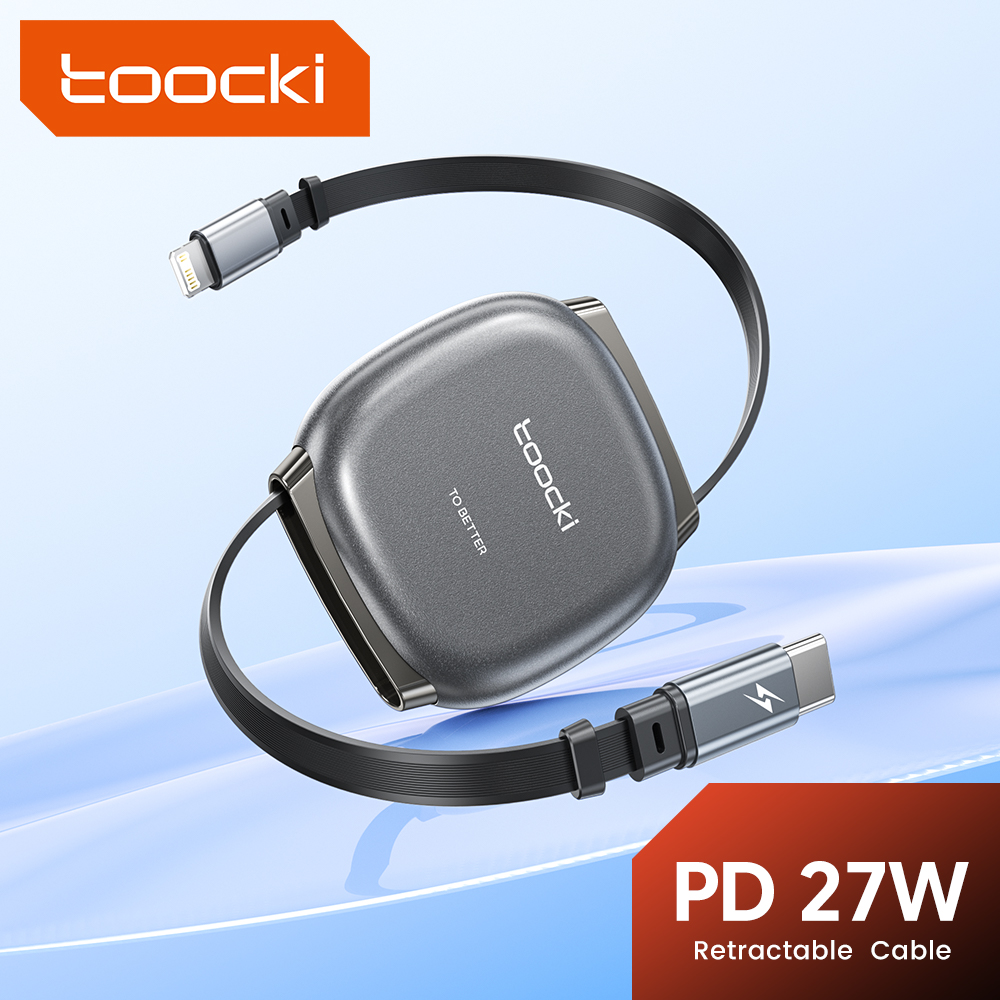 Toocki 3 Buah Kabel USB C Dapat Ditarik 27W untuk iPhone 14 13 12 11 Pro Max iPad Pengisian Cepat Ukuran Mini Tipe C Ke Port iP Kabel Data