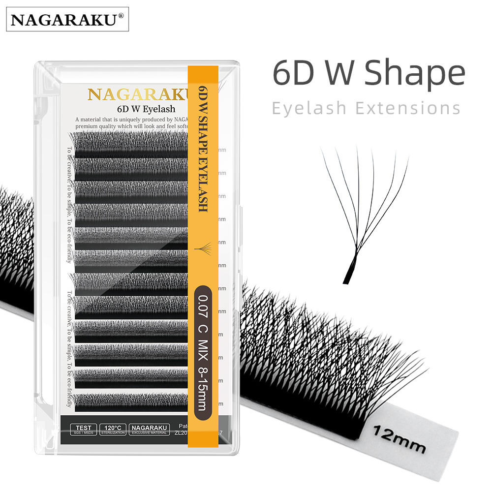 NAGARAKU 6D W-Form, automatische Blüte, vorgefertigte Fächer, Wimpernverlängerung, natürliches, weiches Licht, voll dicht