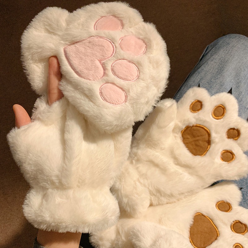 การ์ตูนน่ารัก Cat Claw Paw ถุงมือผู้หญิง Plush Mittens Warm Soft Plush สั้น Fingerless Fluffy หมีแมวถุงมือเครื่องแต่งกาย Half Finger