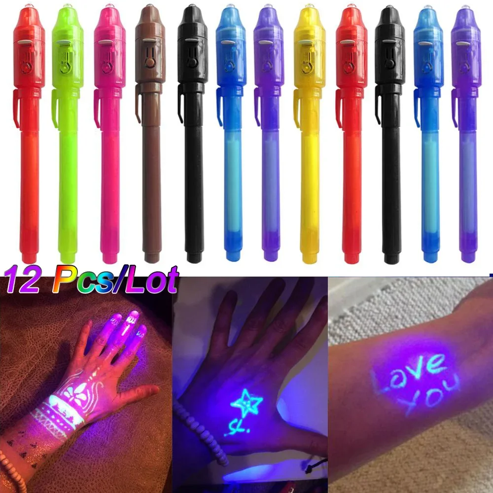 Unsichtbarer Tintenstift, 12 Stück, Spionagestift mit UV-Licht, magischer Marker für geheime Nachricht, Schatzbox-Preise, Partygeschenke für Kinder, Spielzeuggeschenk