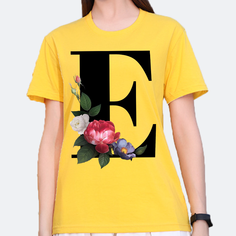 Camiseta amarilla de talla grande para hombre y mujer con estampado de flores y letras en inglés, estilo casual, manga corta