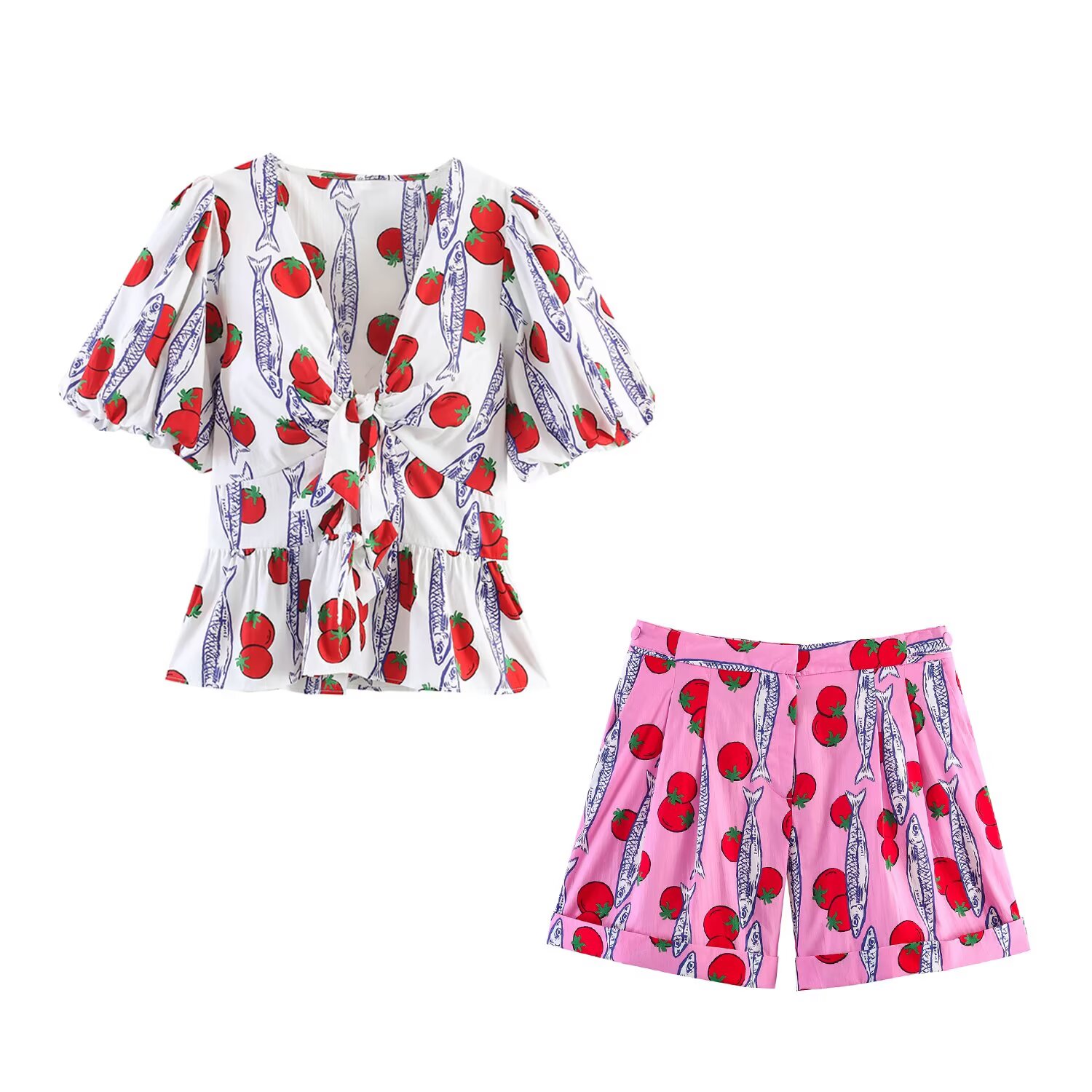 Willshela-Conjunto de 2 piezas para mujer, camisas con lazo estampado y pantalones cortos vintage con cremallera frontal, conjuntos de pantalones cortos elegantes para mujer