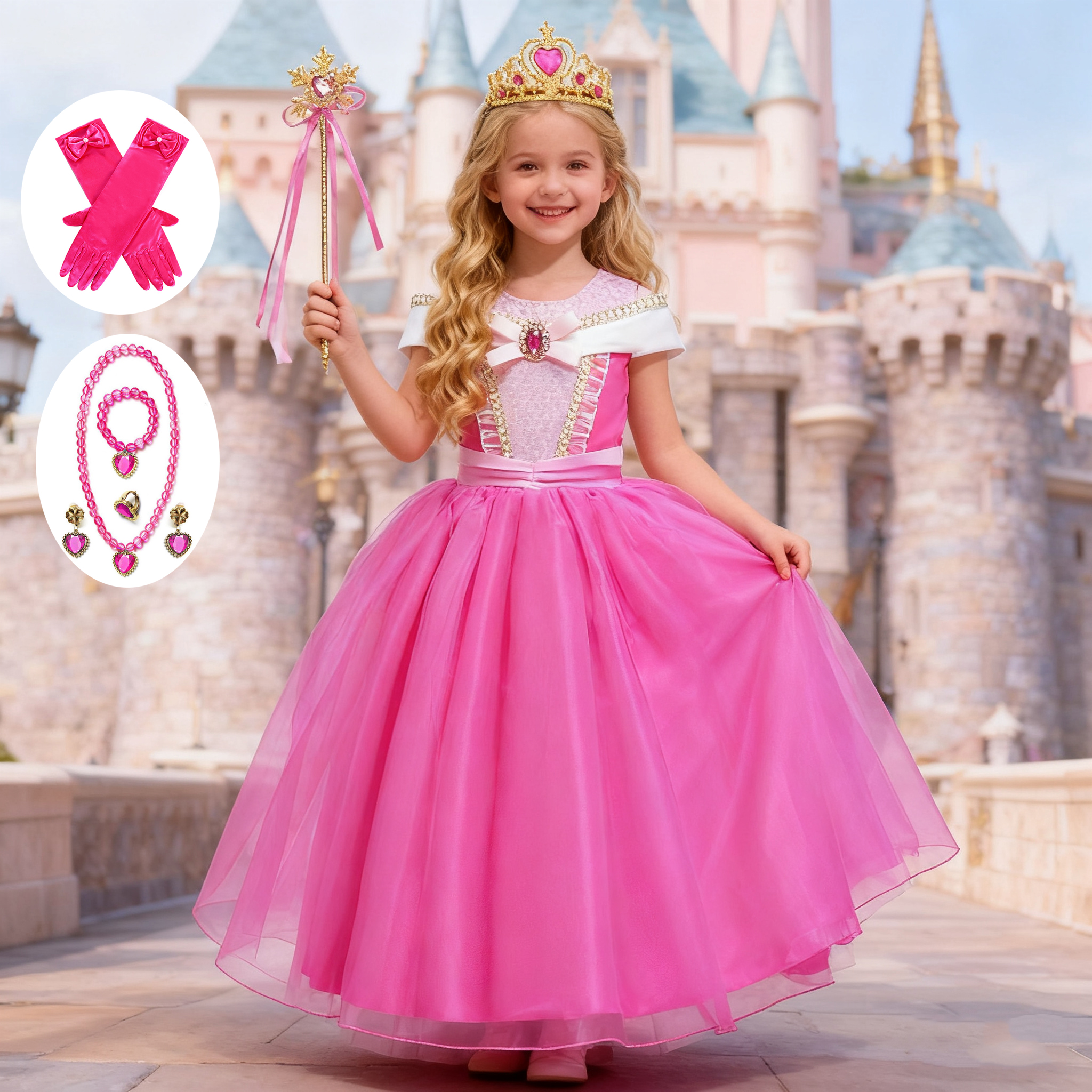 女の子ピンクドレスオーロラ子供コスプレ衣装プリンセスデラックス衣装子供の誕生日パーティーエレガントなボールガウン妖精変装セット