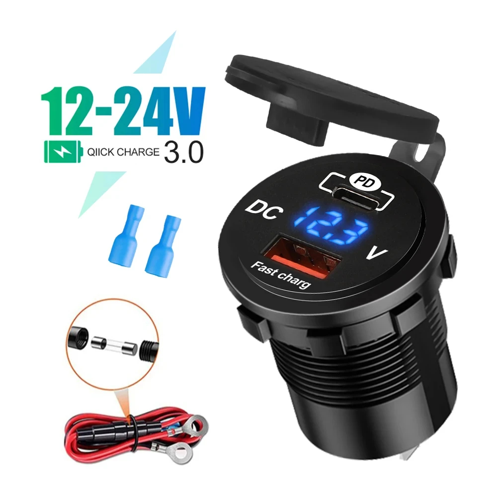 1 Juego de enchufe de cargador de coche PD QC3.0 de 60W con medidor de voltaje, toma de corriente de carga rápida 3,0 para motocicleta, camión y barco de 12V/24V