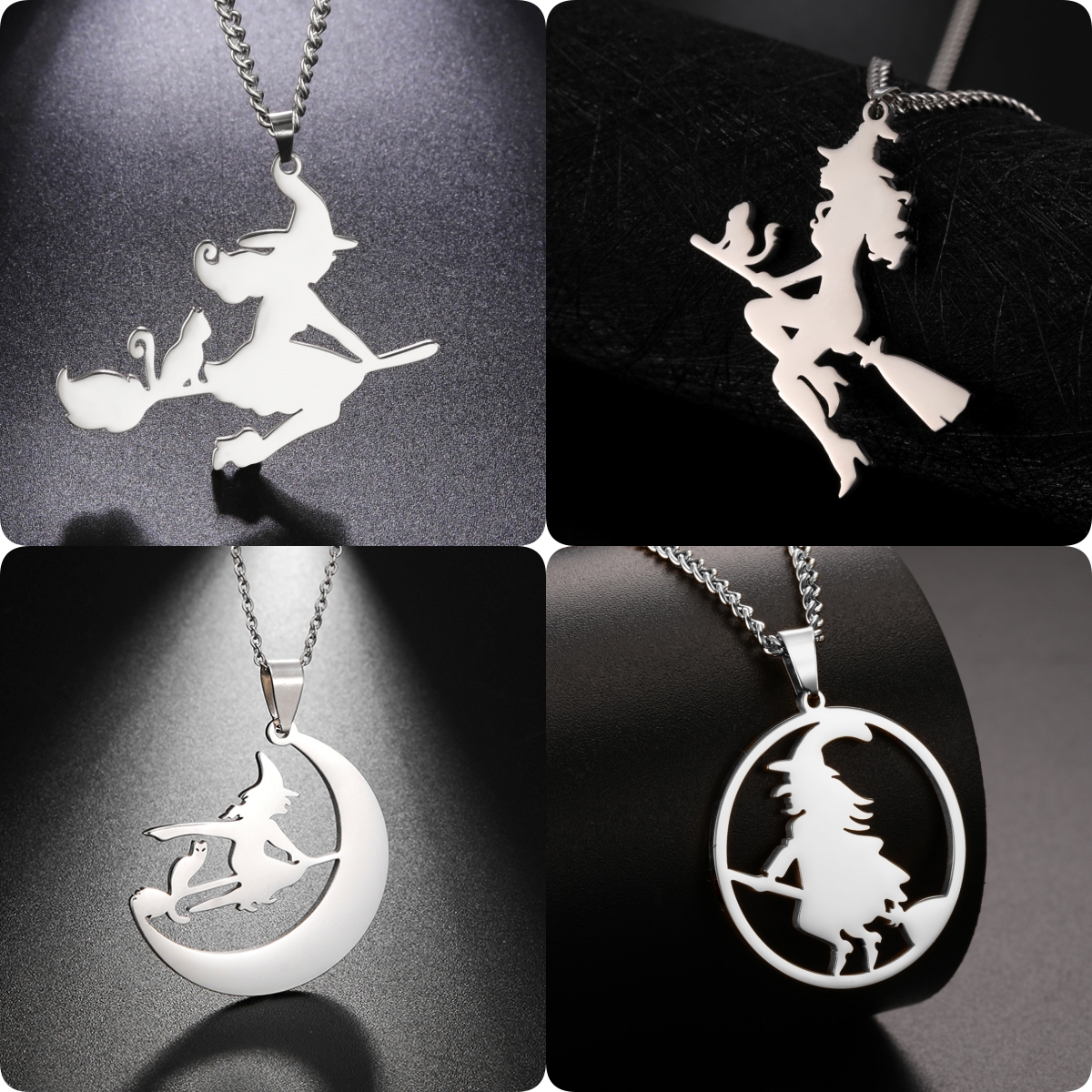 LIKGREAT ฮาโลวีน Magic แม่มดบินบนไม้กวาดสร้อยคอสําหรับหญิงชายสแตนเลส Cat Moon จี้ Choker เครื่องประดับของขวัญ