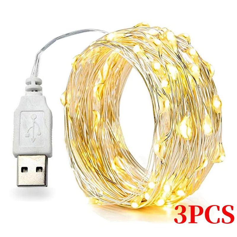 Guirnalda de luces LED de alambre de cobre, cadena de luces de Navidad, Lámpara USB impermeable, guirnalda de luces de hadas para Año Nuevo, decoración de fiesta de boda, 3 piezas, 5/10/20M