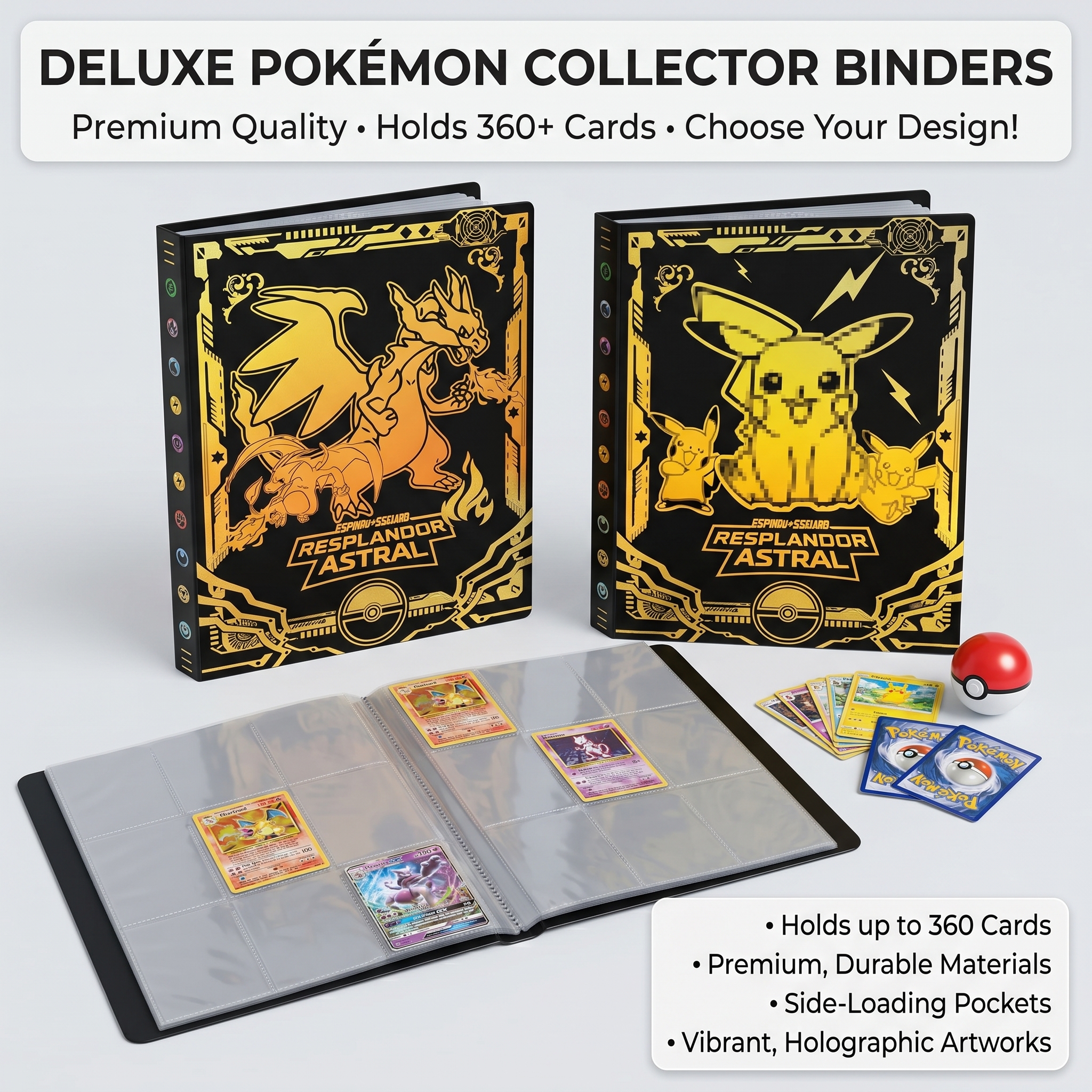 Album na karty Pokemon TCG, 9 kieszeni, 540 kart, duża pojemność, segregator na zamek błyskawiczny, organizer do przechowywania, kolekcja Pikachu Charizard, prezent