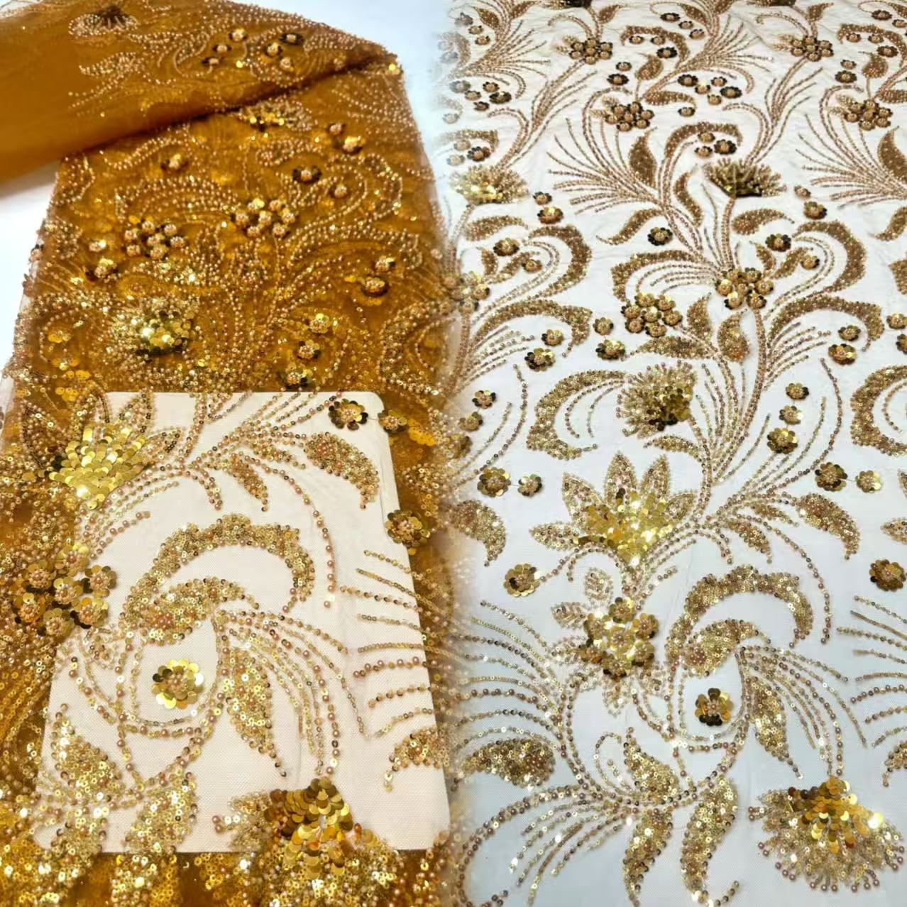 Tela de encaje africana elegante con bordado de tul y cuentas, lentejuelas nigerianas, para vestido de fiesta de boda, 5 yardas, venta al por mayor 2026