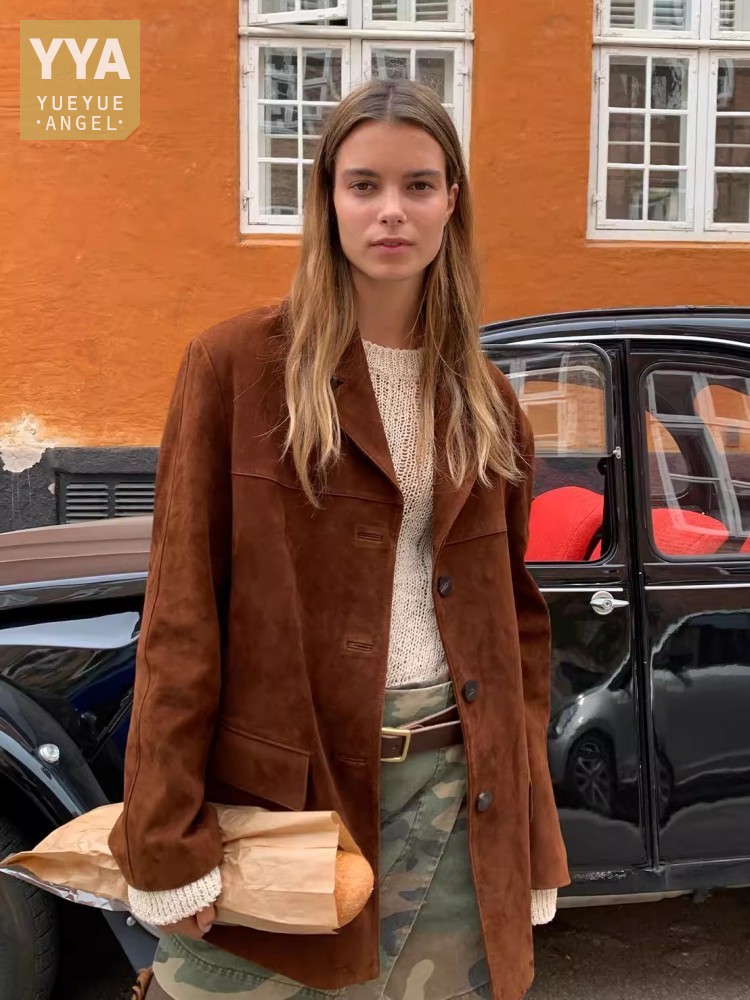 Vintage otoño mujer chaqueta de ante de oveja auténtica de un solo pecho Oficina señoras trabajo traje de cuero genuino chaqueta prendas de vestir Retro abrigo