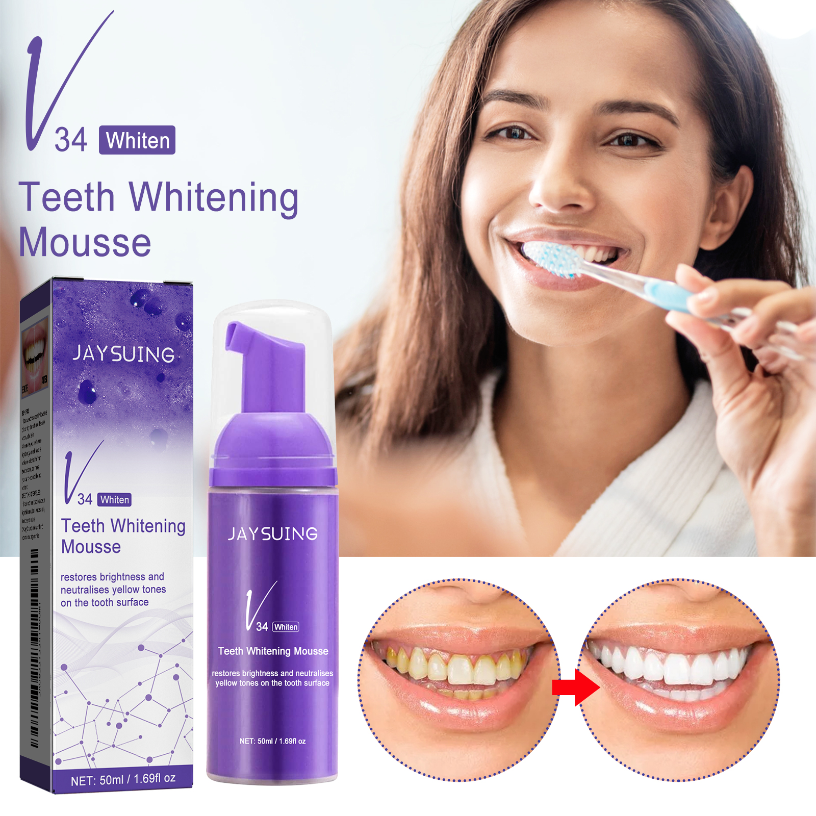 V34 púrpura iluminar pasta de dientes espuma Mousse eficaz eliminar las manchas amarillas de los dientes aliento fresco cuidado de los dientes limpieza bucal