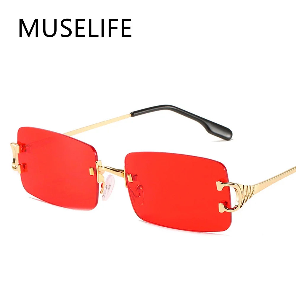 MUSELIFE Occhiali da sole stretti da uomo senza montatura Estate 2025 Rosso Blu Nero Occhiali da sole rettangolari per le donne Piccolo viso Vendita calda