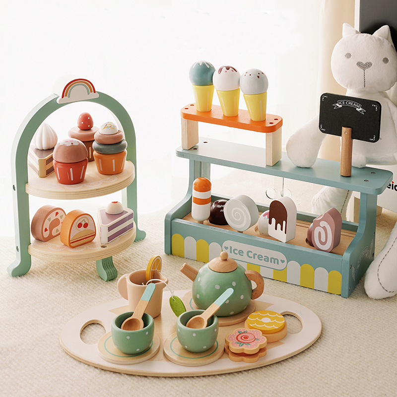 Kids Wooden Kitchen Toys Coffee Machine Juicer Mixer Ice Cream Cake Tea Set Toy Children Play House Toys for Girls Kids