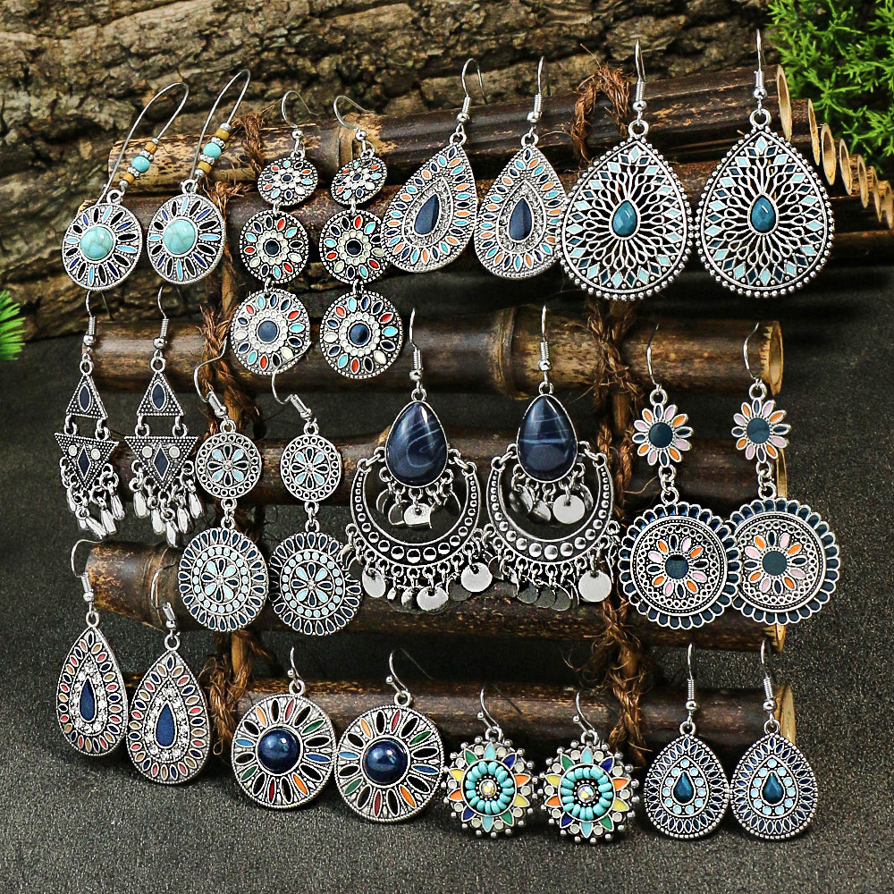 สีฟ้าใหม่ต่างหูโลหะผสม Turquoise ฝัง Bohemian Retro เรขาคณิตรอบ Multi Layered Design วันหยุดปาร์ตี้อเนกประสงค์