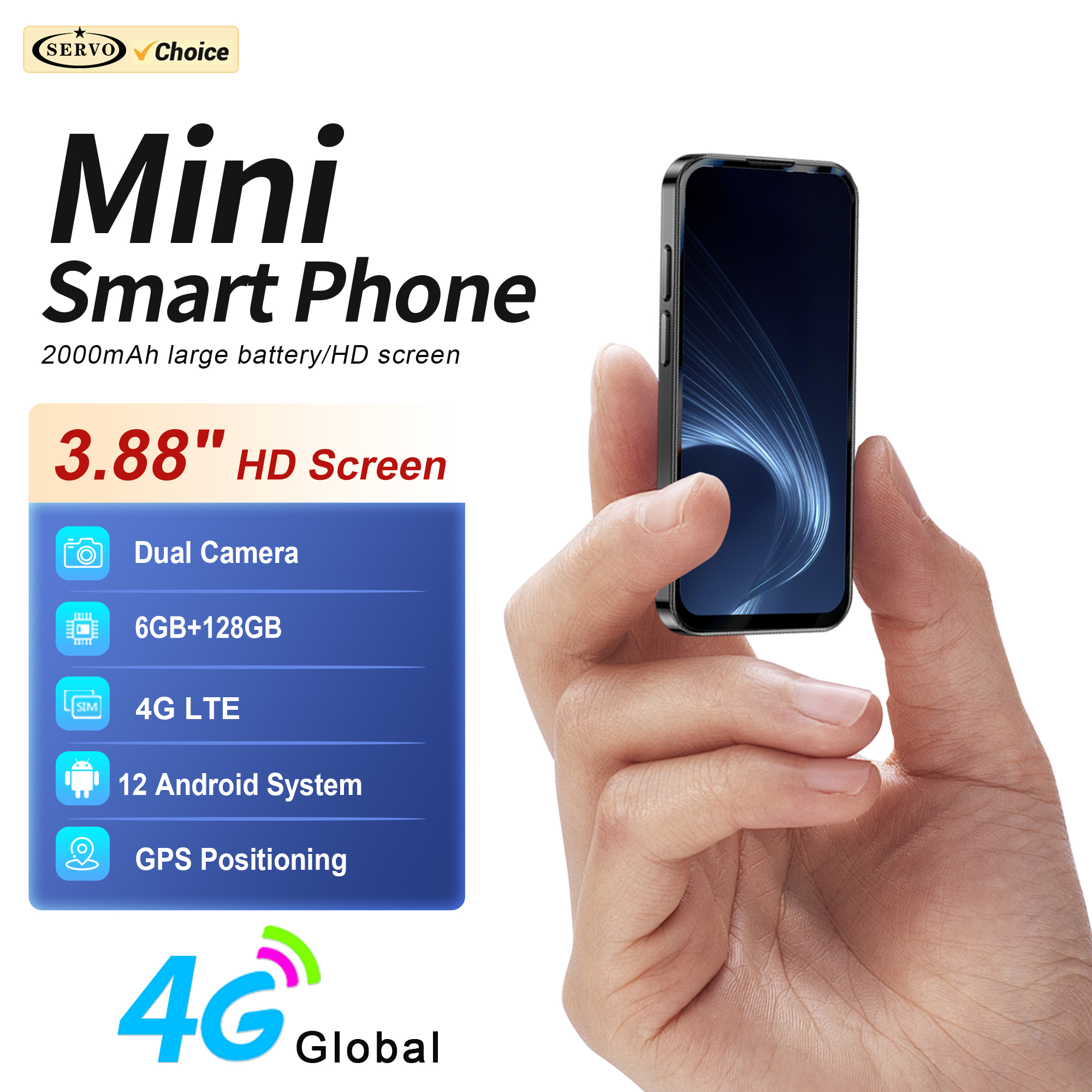 SERVO 19PRO 4G LTE Mini Smartphone Android 12, 3/4/6GB+32/64//128GB, Play Store, WiFi, Face ID, Teléfono Inteligente Pequeño, 2SIM