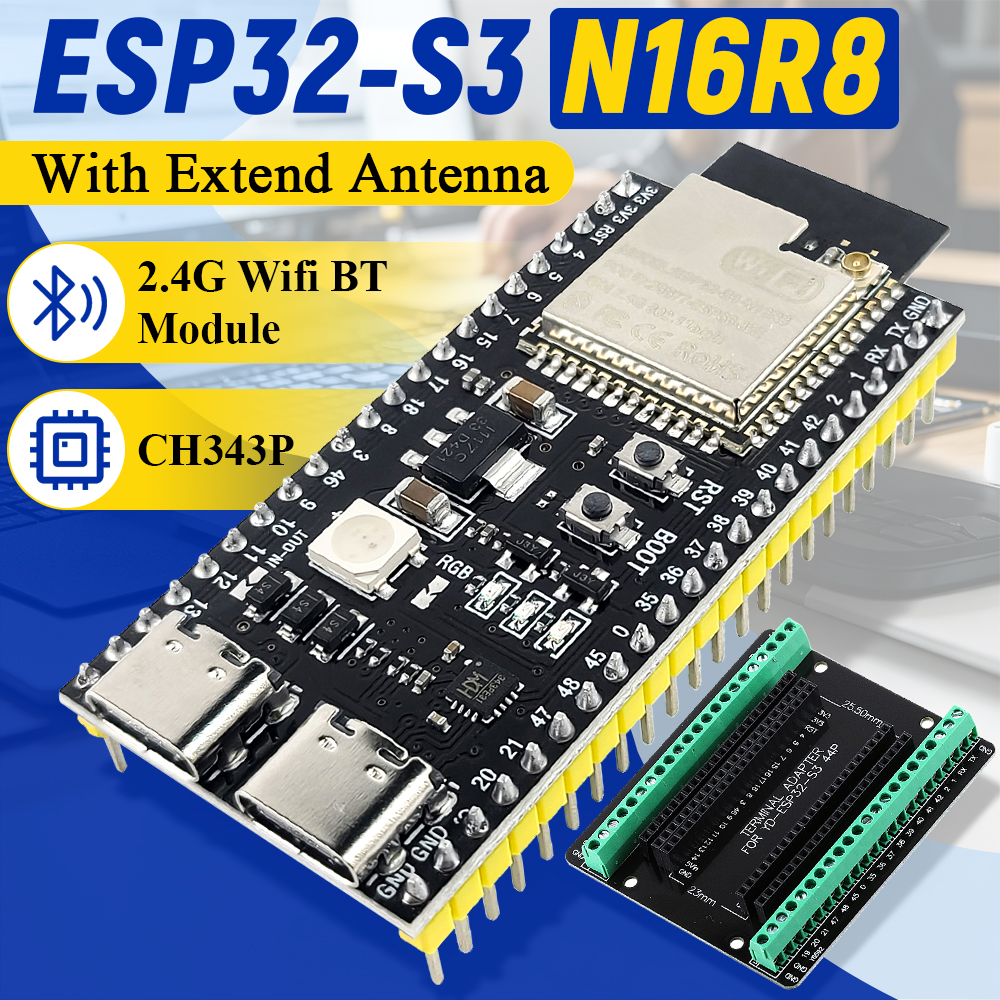 Carte de développement ESP32 S3 avec kit adaptateur d'extension, module Wifi BT 2.4G, MCU ESP32-S3 N16R8 44 broches Type-C ESP32-S3