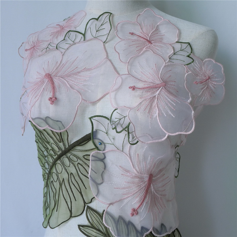 Remendo da gaze do laço com flor rosa, folha verde, remendo decorativo, bordado, acessórios diy