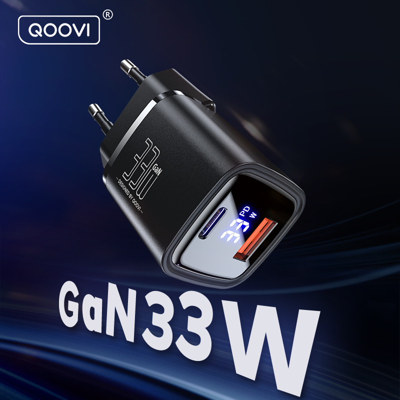 Зарядное устройство QOOVI 33 Вт GaN, двухпортовый адаптер USB Type C для быстрой зарядки, настенное зарядное устройство PD USB-C для iPhone, Samsung, Xiaomi, планшета, iPad