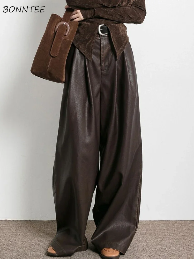 Pantalon de longueur au sol en PU pour femme, vintage, chic, mode, vieux, loisirs, tout match, populaire, femme, long, automne, hiver, ins