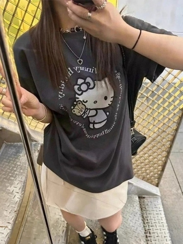 Koszulka unisex Hello Kitty na lato 2026, bawełniana, estetyka Y2K, uroczy kreskówkowy grafik z misiem, retro, ciemnoszara, Harajuku streetwear