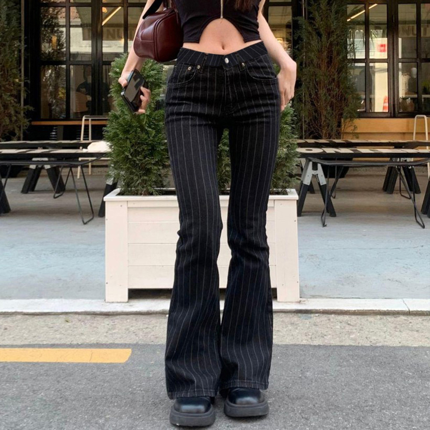 2000s roupas y2k cintura baixa boot corte jeans mulher casual preto listrado denim calças streetwear alargamento P77-DD25