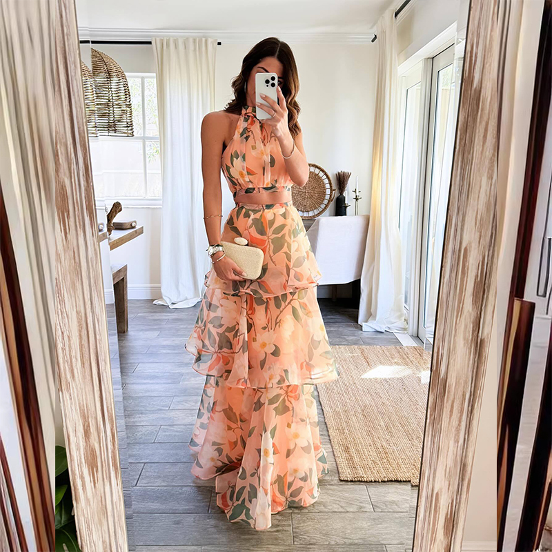 Verão sem mangas temperamento vestido fino elegante feminino padrão impressão outfits novo sem mangas halter cintura alta bolo vestido de festa