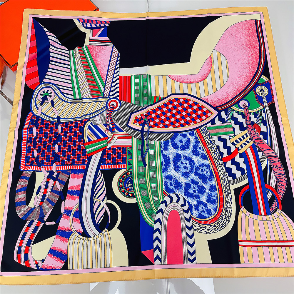 Saddle Print Twill Silk Scarf Women 90CM Square Scarves Wraps Shawl Luxury Brand Hijabs Bandana Handmade Curled Silk Head Scarf
