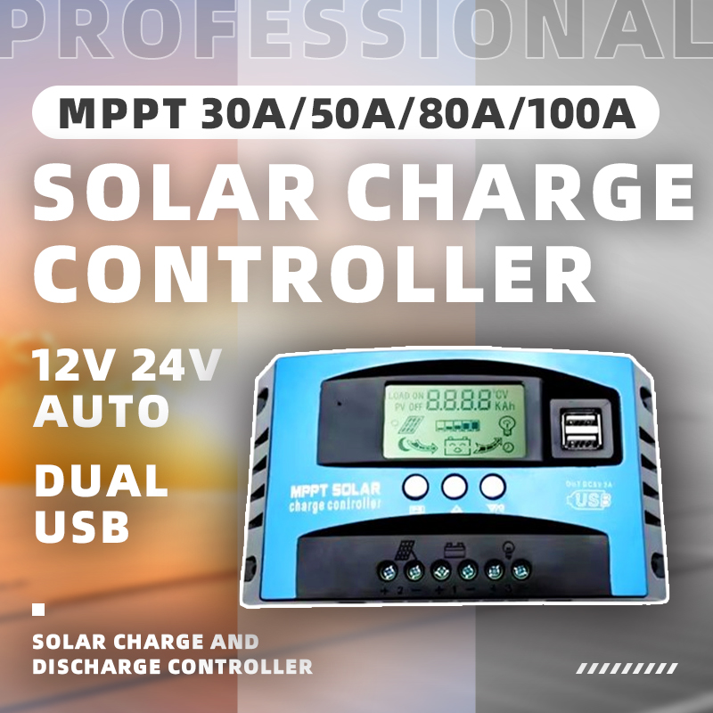 Controlador de Carga Solar MPPT 30A 50A 80A 100A con Pantalla LCD 12V 24V AUTO, Controlador Inteligente con Doble USB para Sistema de Energía Solar