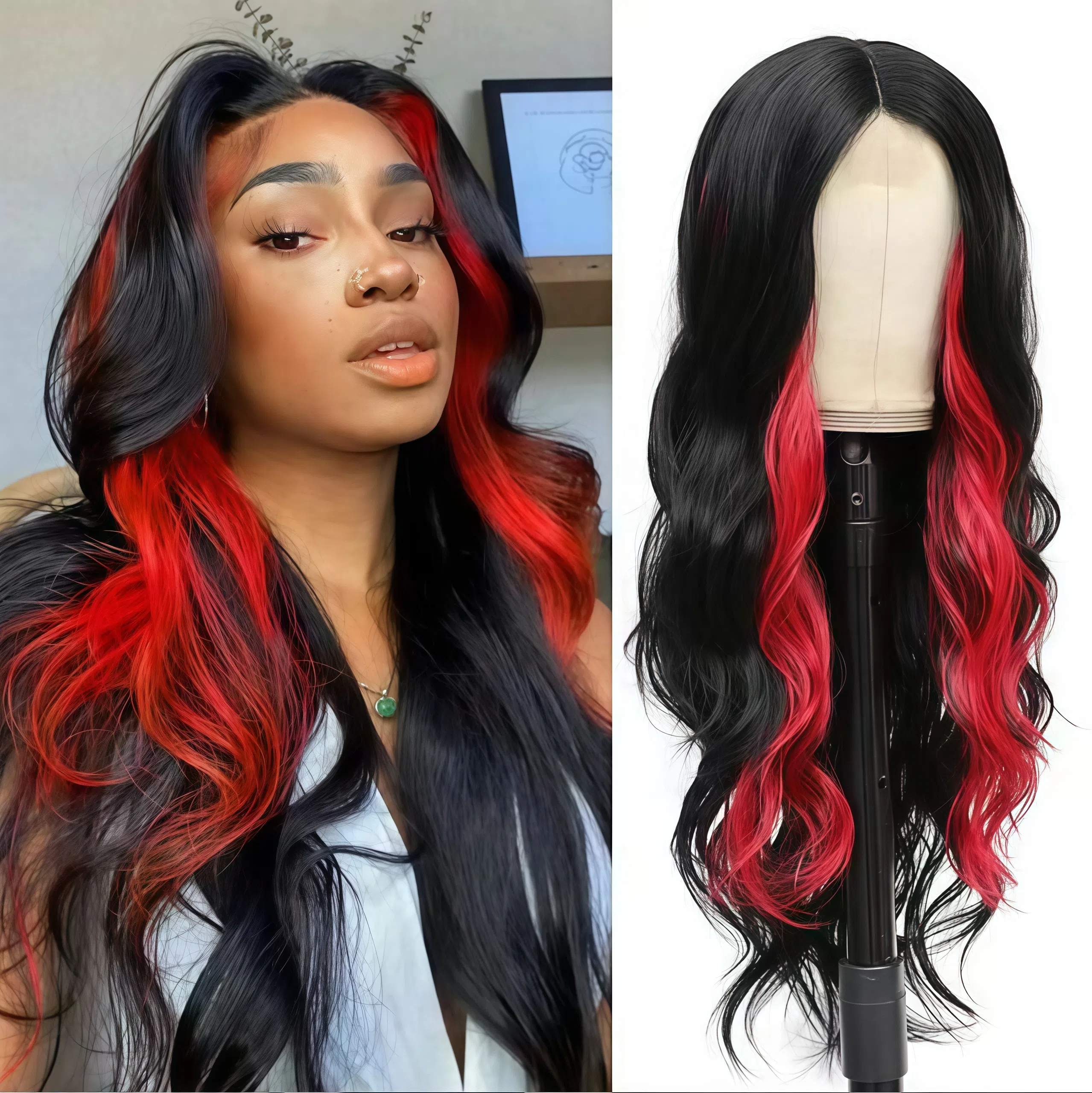 28-inch zwart en rood lang recht synthetisch hittebestendig pruikje met pony, hittebestendige vezel, rollenspelpruik