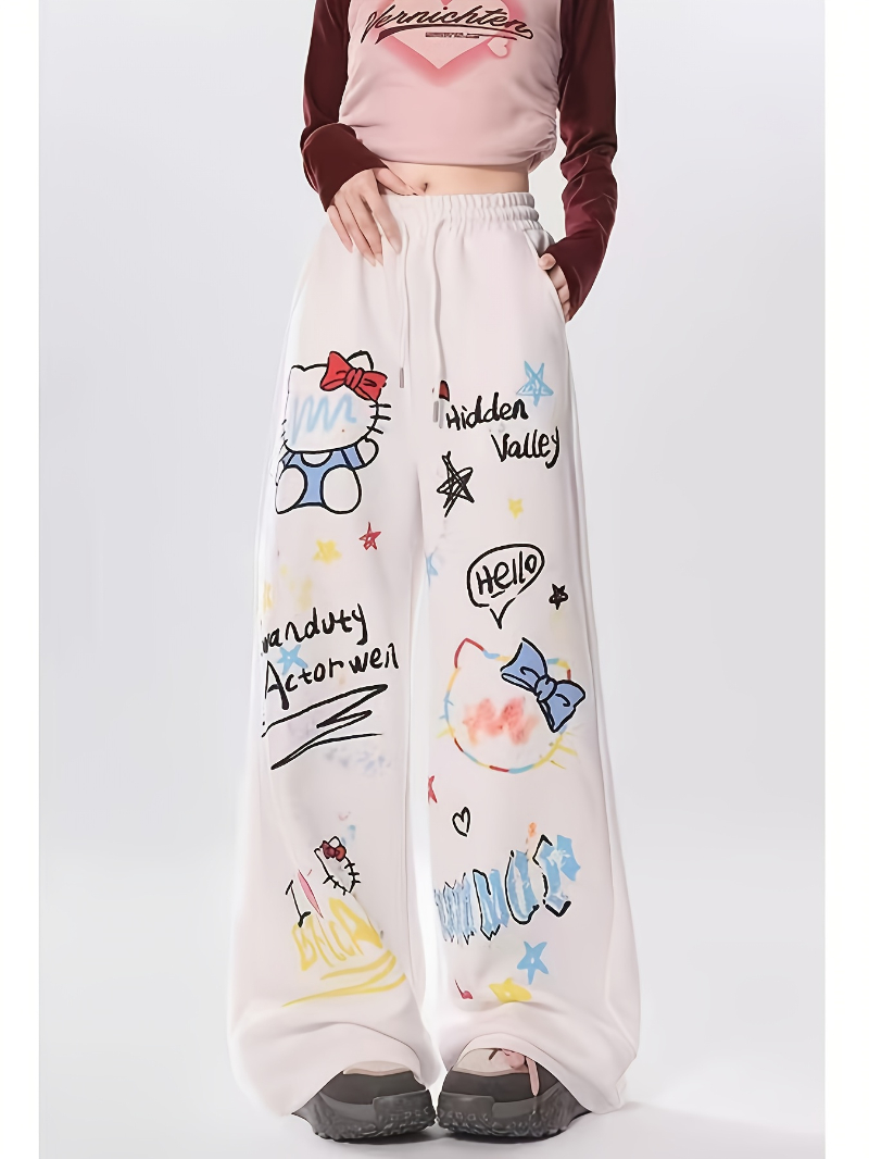 Hello Kitty damesbroek met hoge taille en wijde pijpen - Casual joggingbroek met trekkoord, dans en hiphop met cartoonkarakterprint