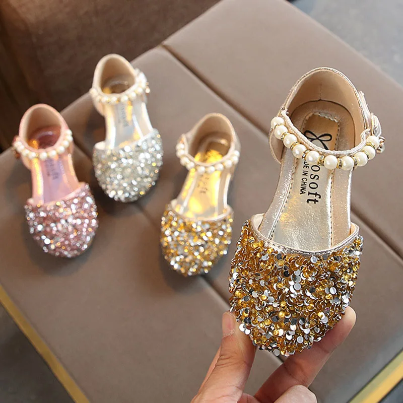 Verão meninas sapatos grânulo mary janes apartamentos fling sapatos de princesa sapatos de dança do bebê crianças sandálias sapatos de casamento ouro