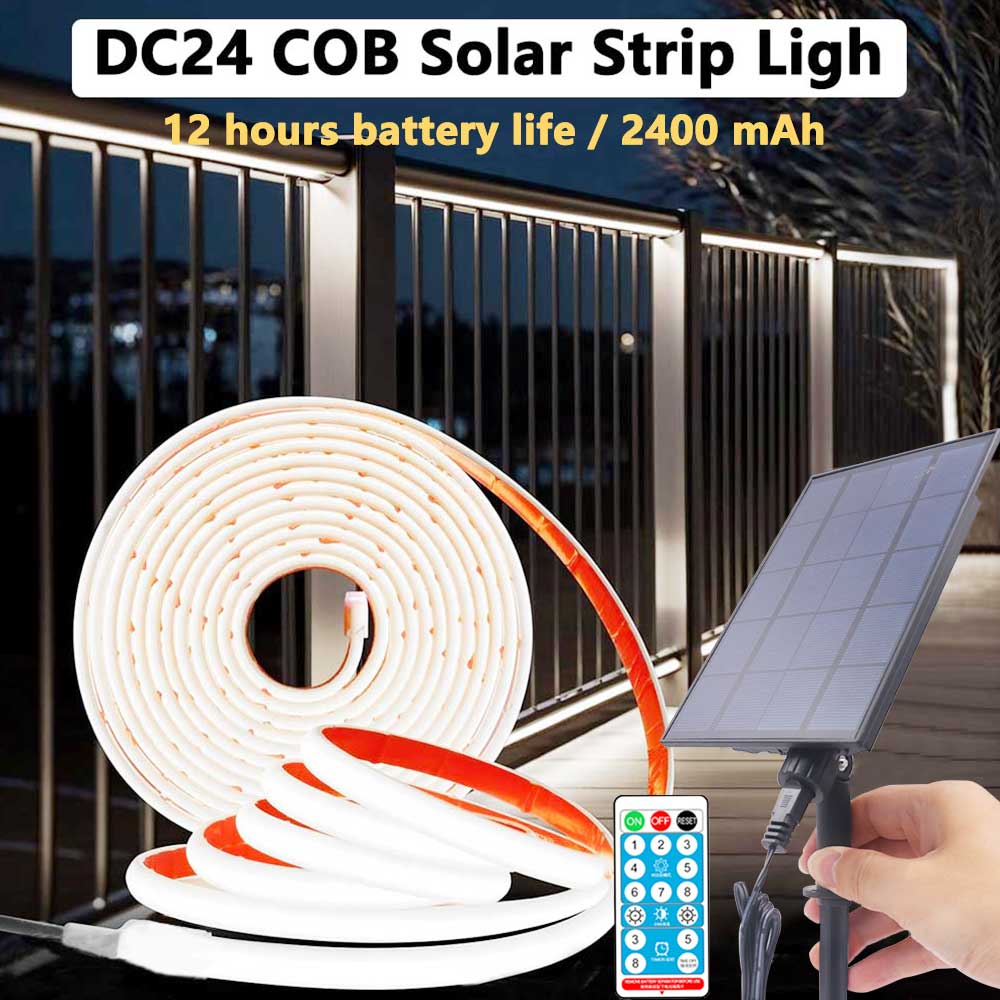 Tira de luz Solar 24V COB tiras de luz de neón Solar impermeable IP65 Flexible blanco cálido iluminación lineal de alta densidad luces LED COB